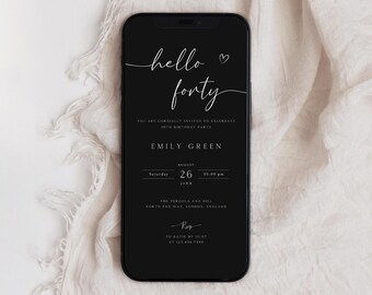 Editable 40th Birthday Invitation, Black Elegant Evite (Digital)