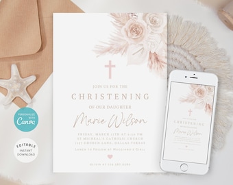 Boho Baptism Invitation Template, Pink Floral Christening Invite, Girls Christening Invitation, Canva Template, B-15