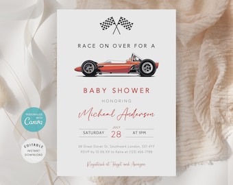 Race Car Baby Shower Invitation Template, Red Race Car Invite, Racing Baby Shower Invitation, Vintage Race Car, Instant Download, B-425