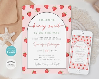 Invitación para baby shower con diseño de fresas, temática de frutos rojos (descarga digital)