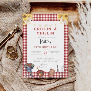 May include: A red and white gingham patterned invitation for a 10th birthday party. The invitation says "Join us for some Grillin & Chillin" and "It's a BBQ to celebrate Katie's 10th Birthday". The party is on Saturday, August 26th at 5:00 pm. The address is The Green's Residence, North End Way, London, England. RSVP to Katie at 123.456.7888. The invitation also includes a drawing of a grill, a bowl of tomato sauce, and a cutting board.