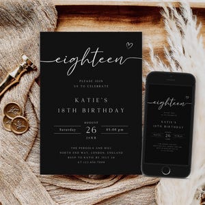 Editable 18th Birthday Invitation Template, Eighteen Birthday Party Invite, 18th Birthday Party Evite, Black, Eighteen Birthday Card, AI-106