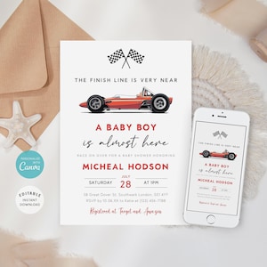 Bearbeitbare Rennwagen-Babypartyeinladung, rotes Rennauto einladen, Renn-Babypartyeinladung, Vintage Rennauto, Jungen-Babyparty Evite, B-430