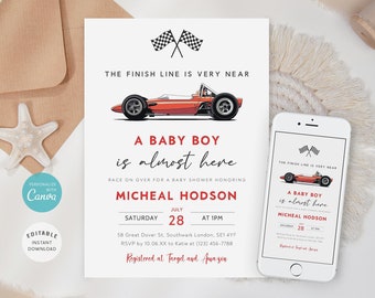 Editable Race Car Baby Shower Invitation, Vintage Style (Digital)