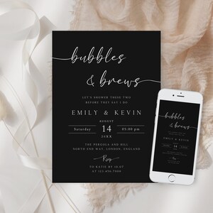 Convite para chá de casal Bubbles and Brews, convite para chá de panela Brews e Bubbly, modelo editável, download instantâneo, Black Evite, BSI-32