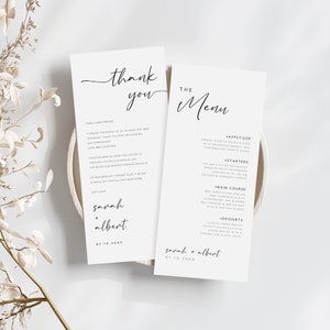 Plantilla de carta de agradecimiento y menú minimalista, nota para servilleta de boda, plantilla de nota de agradecimiento para boda, editable, WM-15