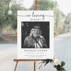 May include: A black and white photo of a man wearing a hat and a plaid shirt. The photo is on a white sign with the text "in loving memory" at the top and "Nathan Evans 05.16.1946 - 10.27.20XX Thank you all for coming to pay your respects" at the bottom.