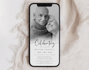 May include: Black and white photo of an older couple embracing on a smartphone screen. The text reads "Celebrating the life of Hector Connell May 14 20XX" with details about a service and reception.