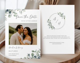 Printed Photo Save the Date Cards, Greenery Wedding Announcement, Double-Sided Card
