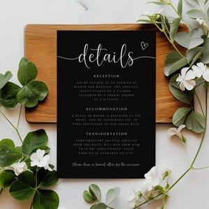 Moderne Details Kartenvorlage, bearbeitbare Hochzeitsbeilage, elegante Details Karte, schwarze Anpassungskarte, Hochzeitseinschlusskarte, DT-19