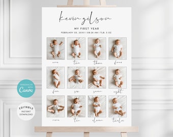 Minimalist First Birthday Photo Collage Poster, Baby Milestone Board (Digital File)