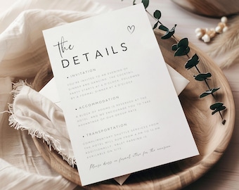 Modern Wedding Details Card Template, Elegant Invitation Insert (Digital)