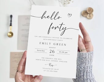 Editable Hello Forty Invitation Template, Birthday Party (Digital Download)