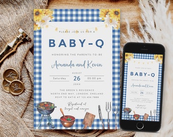 BBQ Baby Shower Invitation Template, Blue Gingham (Digital Download)