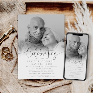 May include: Black and white photo of an older couple embracing. The photo is on a white card with the text "Celebrating the life of Hector Connell May 14 20XX" and details about the service and reception.