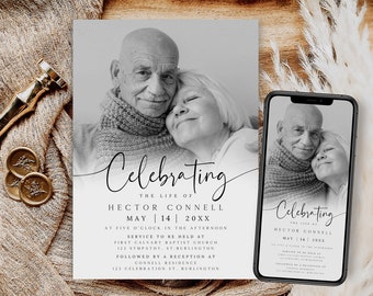 May include: Black and white photograph of an older couple embracing. The photo is on a white card with the text "Celebrating the life of Hector Connell May 14 20XX" and details about the service and reception.