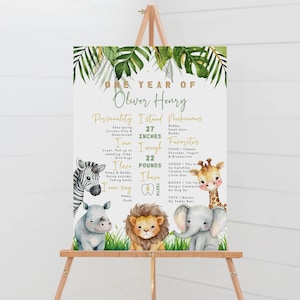 Quadro de marcos de aniversário do Safari editável, pôster de marco de um aniversário da selva selvagem, placa de um ano de marco, download instantâneo, MS-05