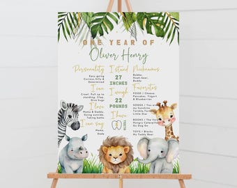 Tablero de hitos del primer cumpleaños con temática de safari y animales de la selva (descarga digital)