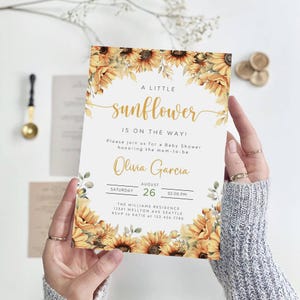 Faire-part de baby shower modifiable tournesol, invitation de baby shower rustique, invitation de baby shower de genre neutre, téléchargement immédiat, B-741