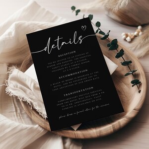 Moderne Details Kartenvorlage, Elegante Hochzeits-Beilage, Schwarze Detailkarte, Druckbare Einladungsbeilage, Bearbeitbare Einlagekarte, DT-04