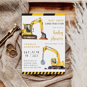 Faire-part de baby shower de construction modifiable, bébé en construction, invitation de baby shower de camions, invitation de fête de la construction, B-395