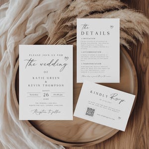May include: A wedding stationery set with three cards in cream with black script. The main invitation reads "Please join us for the wedding of Katie Green & Kevin Thompson." Other cards provide details and RSVP information.
