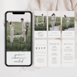 May include: A wedding invitation suite with a rustic theme. The invitation features a photo of a couple in a field with greenery. The text "you're cordially invited" is written in a script font. The RSVP card includes the couple's names and contact information. The program card lists the wedding ceremony, cocktail hour, and reception times. The details card provides information about the reception, accommodation, and website.