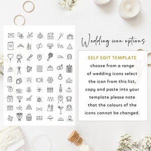 May include: A collection of black and white wedding icon options, including hearts, rings, cakes, and more. Text reads "Wedding icon options" and "SELF EDIT TEMPLATE". The icons are for use in a template, with instructions to copy and paste.