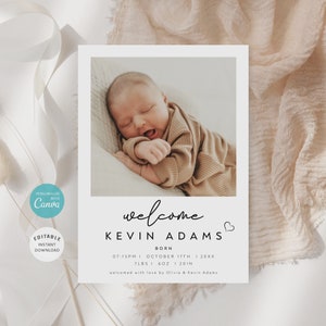 Birth Announcement Template, Photo Baby Announcement Card, Newborn, Boho, Welcome, Minimalist, Editable, Welcome Baby, New Baby, B-53
