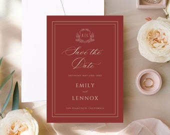 Printed Burgundy Save the Date Cards, Minimalist Wedding Announcement, Personalized Card