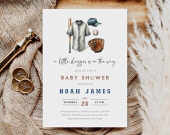 May include: A baseball-themed baby shower invitation with a white baseball jersey, a baseball bat, a baseball glove, and a baseball. The invitation says "a little slugger is on the way" and includes the name "Noah James" and the date "July 28".