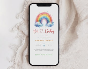 May include: A digital phone screen displaying a baby shower invitation featuring a rainbow, clouds, and stars. The invitation reads "Oh Baby" and includes the event details, including the date, time, and location. RSVP information and registry details are also provided.