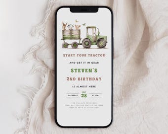 Green Tractor 2nd Birthday Invitation, Farm Animals Evite (Digital)