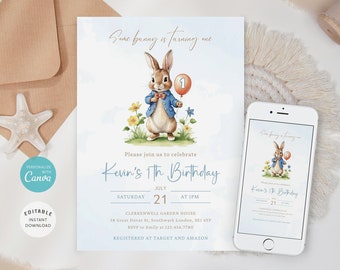 Peter Rabbit First Birthday Invitation Template, Editable Invite (Digital Download)