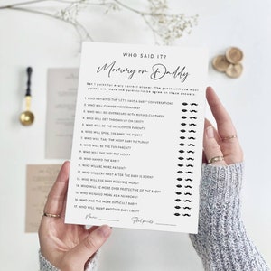 Modèle de jeu de baby shower, jeu maman ou papa, jeu maman ou papa devinez qui, devinez qui l’a dit, modèle modifiable, B-68