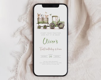 Green Tractor First Birthday Invitation, Farm Animals Evite (Digital)