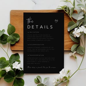 Schwarze Details Kartenvorlage, moderne Hochzeitsbeilage, bearbeitbare Details Karte, druckbare Einladungsbeilage, Hochzeitseinschlusskarte, DT-07