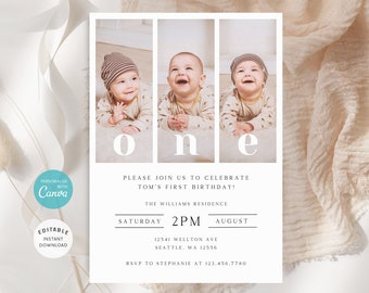 Photo 1st Birthday Invitation, Editable Template (Digital Download)