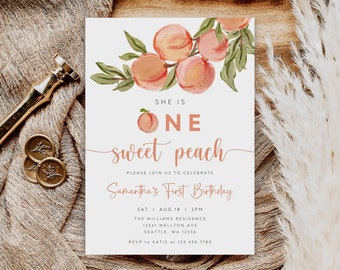 Editable Peach First Birthday Invitation, One Sweet Peach Birthday Invite, 1st Birthday Invitation Template, Instant Download, B-250