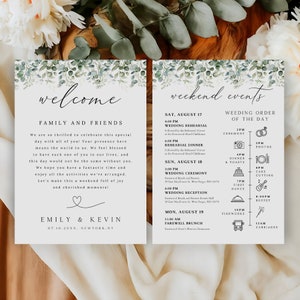 Lettre de bienvenue verdure & carte du temps, modèle de carte d'événement de mariage, note de sac de bienvenue mariage, ordre des événements de mariage modèle, WP-15