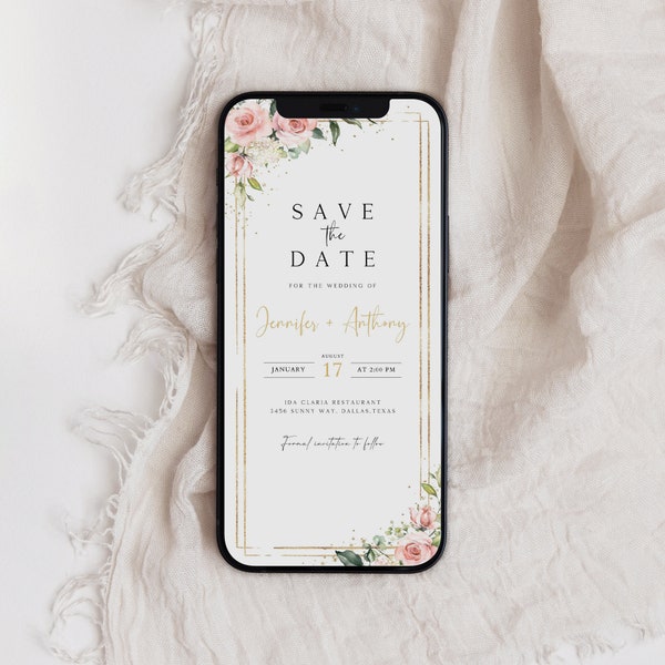 Roses Digital Save the Date, Pink Flowers Electronic Save the Date, Blush Pink Save our Date Template, Digital invite, Wedding E-vite, SD-66