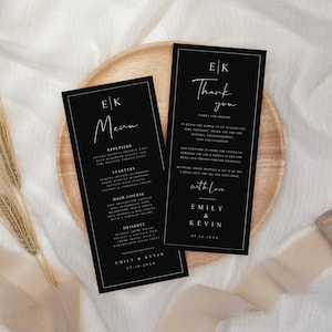 Schwarzes Hochzeitsmenü und Dankeskarte, Serviettennotiz Dankeskartenset, minimalistisches Hochzeitsmonogramm, bearbeitbares Menü, Hochzeitsmenükarte, WM-12