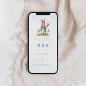 Invito elettronico per il primo compleanno di Peter Rabbit, invito per il primo compleanno di Bunny, download digitale, invito per il primo compleanno, invito per dispositivi mobili, B-203