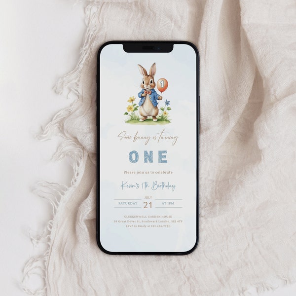 Peter Rabbit First Birthday Electronic Invitation, Bunny First Birthday Evite, Digital Download, 1st Birthday Evite, Mobile Invite, B-203