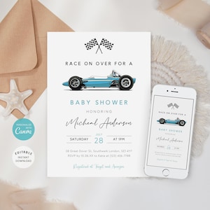 Rennwagen-Babyparty-Einladungsvorlage, Blaue Rennwagen-Einladung, Rennwagen-Babyparty-Einladung, Vintage-Rennwagen, Sofortiger Download, B-427