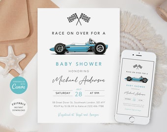 Race Car Baby Shower Invitation Template, Blue Race Car Invite, Racing Baby Shower Invitation, Vintage Race Car, Instant Download, B-427