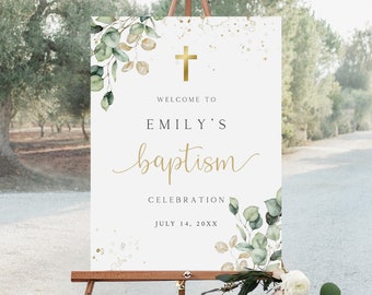Greenery Baptism Welcome Sign, Editable Christening Poster (Digital Download)