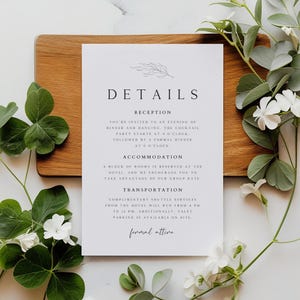 Modelo de cartão com detalhes minimalistas, encarte elegante para casamento, cartão com detalhes de folhas editável, encarte para convite para impressão, cartão anexo, DT-12
