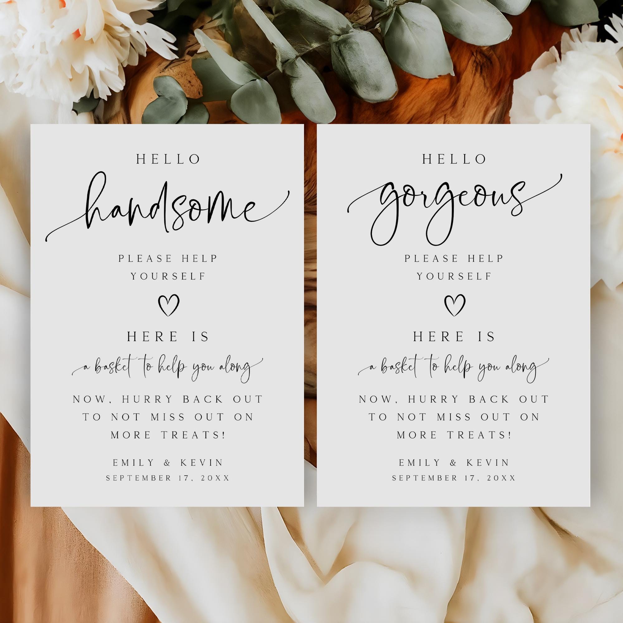 Editable Wedding Bathroom Signs, Hello Gorgeous And Handsome Basket Sign, Minimalist Restroom Basket Signage, Instant Download, SG-239