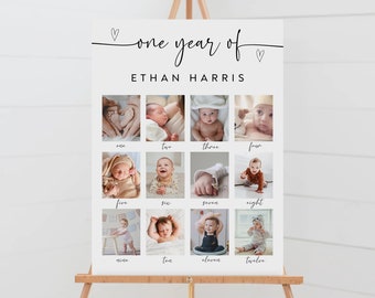 Peut inclure: Une affiche blanche avec le texte "one year of ETHAN HARRIS" et un collage de 12 photos d'un bébé garçon, chaque photo étant étiquetée d'un numéro de un à douze.
